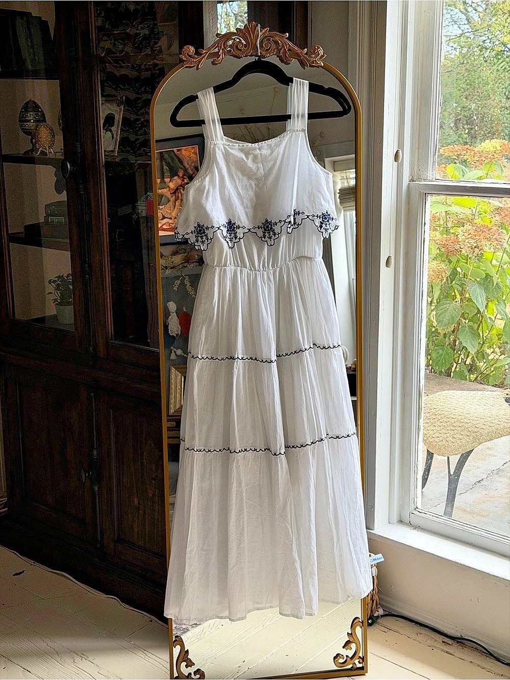 RAGA NWT White Blue and Black Embroidered Maxi Dress Scalloped Detail